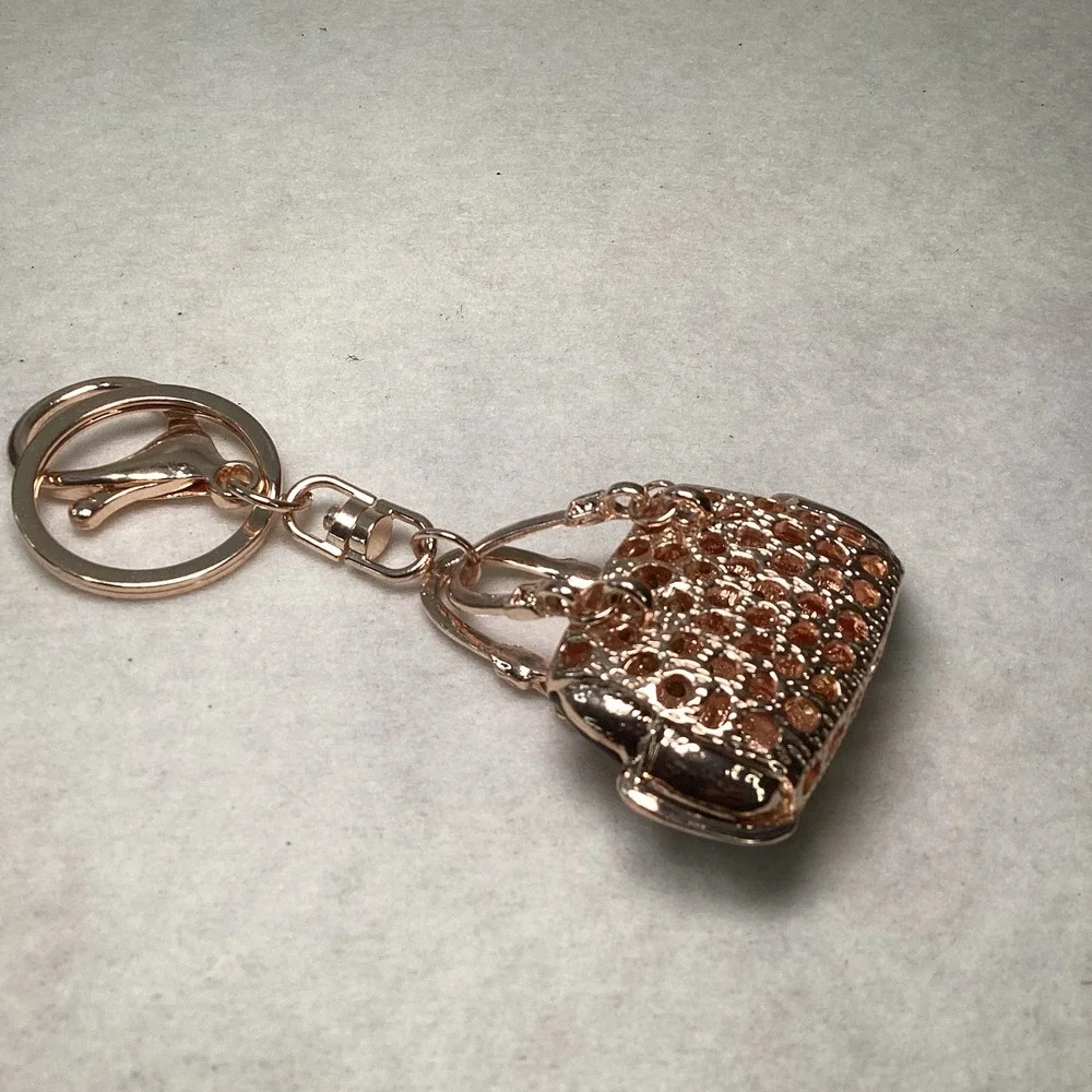 2-Way Black Floral Rhinestone Handbag Charm‎ - Key Chain Rose Gold Tone EUC